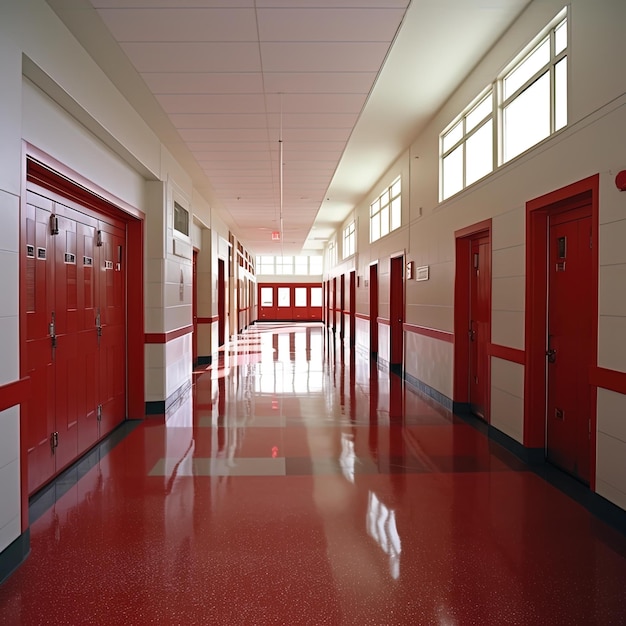 Photo a hallway with red doors and a red door with the word  no  on it