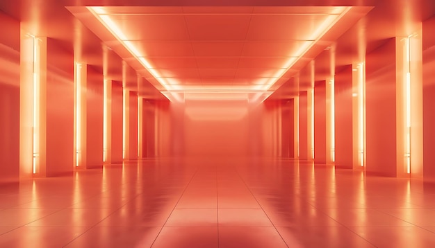 a hallway with a red light on the ceiling