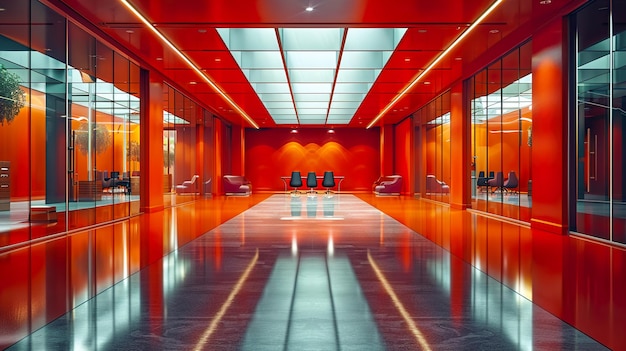 a hallway with a red wall and a red light on it