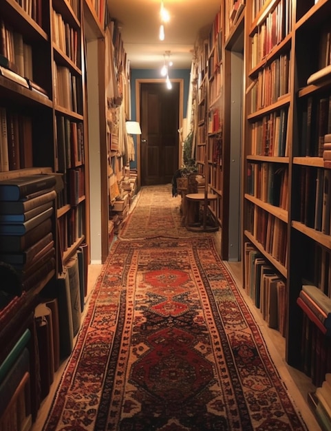 A hallway with a rug on the floor and a large number of books on the shelves.