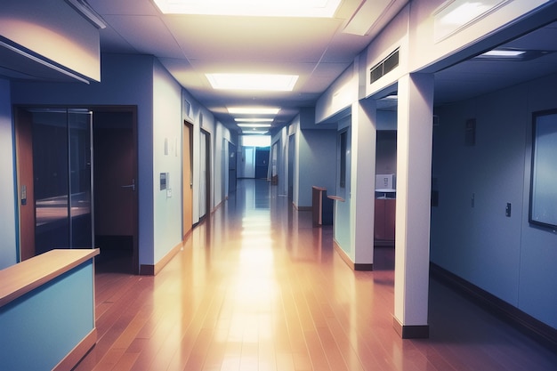 A hallway with a sign that says'hospital'on it