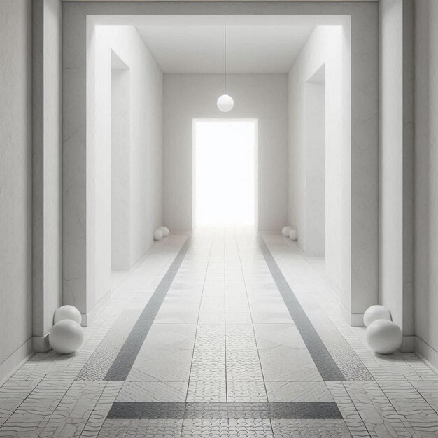 Photo a hallway with a white door and a black and white circle on the floor