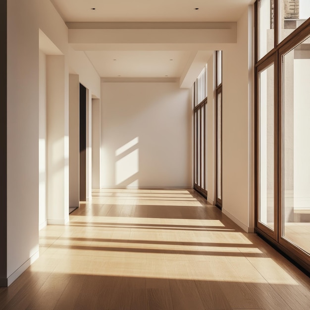 a hallway with a wooden floor and a large window