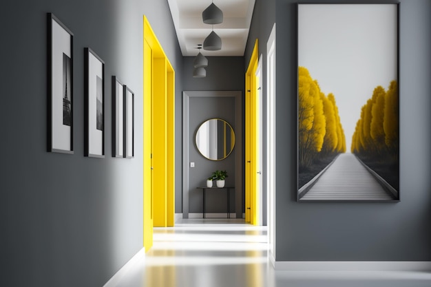 A hallway with a yellow door and a picture of a street.