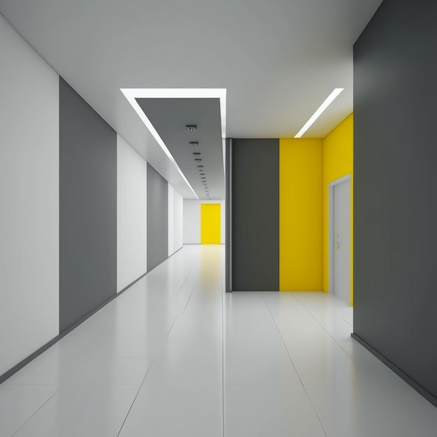 A hallway with a yellow wall and a white door with a yellow stripe.