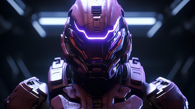 halo robot in it's helmet with strong facial expression with purple lights