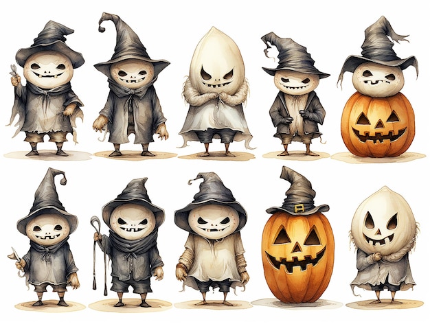 halooween watercolor clipart white background different symbols pumpkins skeletons phantoms