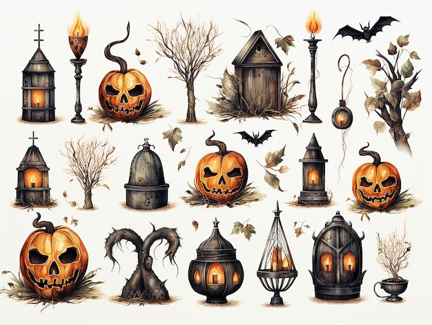 halooween watercolor clipart white background different symbols pumpkins skeletons phantoms