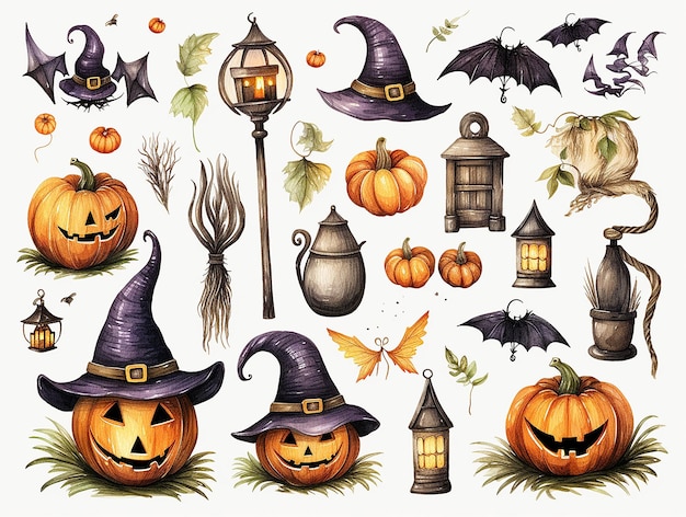 halooween watercolor clipart white background different symbols pumpkins skeletons phantoms