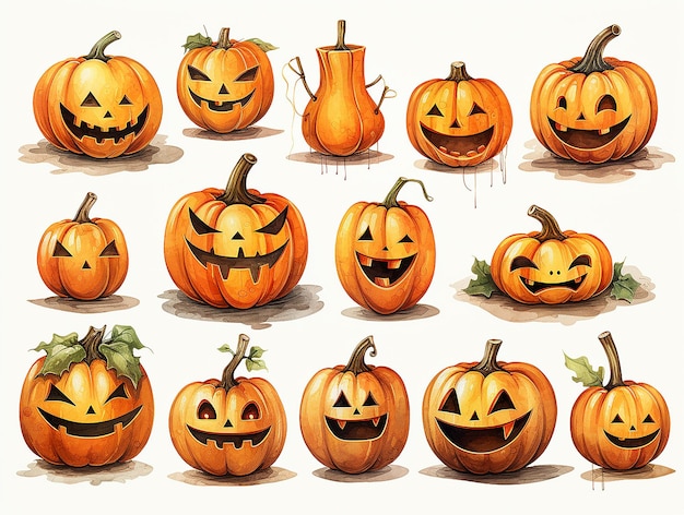 halooween watercolor clipart white background different symbols pumpkins skeletons phantoms