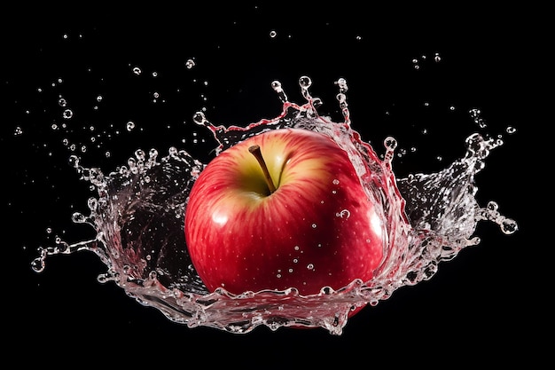 Halved apple with water splash on black background