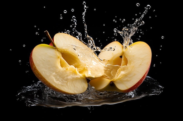 Halved apple with water splash on black background