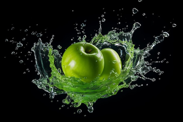 Halved green apple falling into water with splash and bubble