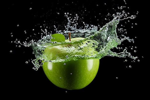 Halved green apple splashing into water