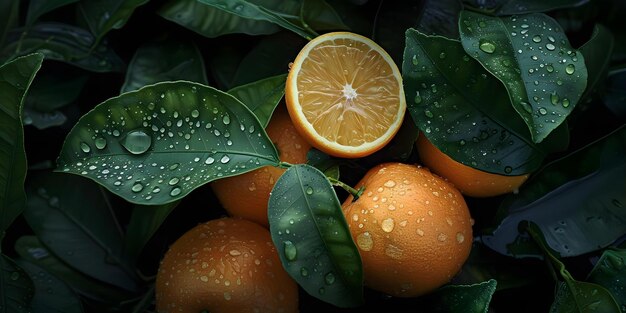 Photo halved oranges on leaves with water droplets clumped together concept food photography fresh fruits natural elements closeup shots vibrant colors