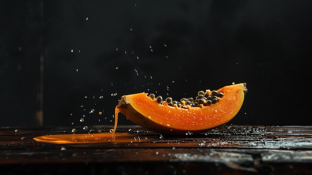 A halved papaya sits on a wooden table The juicy orange flesh of the papaya is exposed The black background makes the papaya stand out