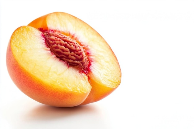 Photo halved peach with visible pit isolated on a white background with soft lighting