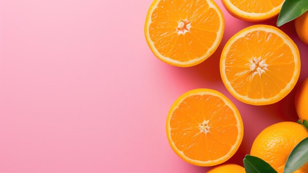 Halved and whole oranges on a pink background a vibrant citrus arrangement