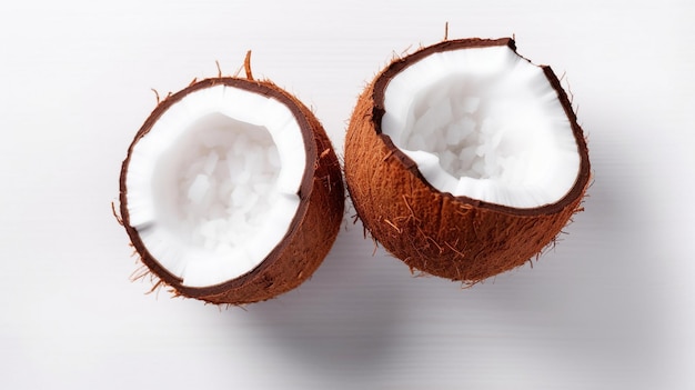 Halves of coconut on white background