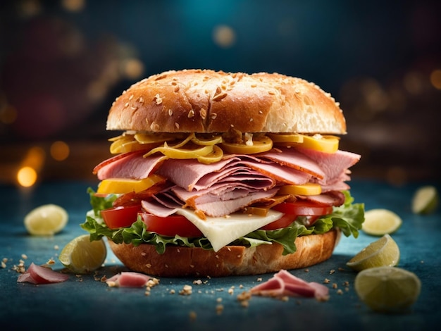 Ham burger and sandwich in studio lighting and background cinematic fast food photography