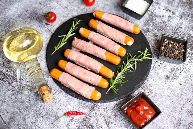 Ham and cheese sausages on a black plate with a sprig of red pepper.