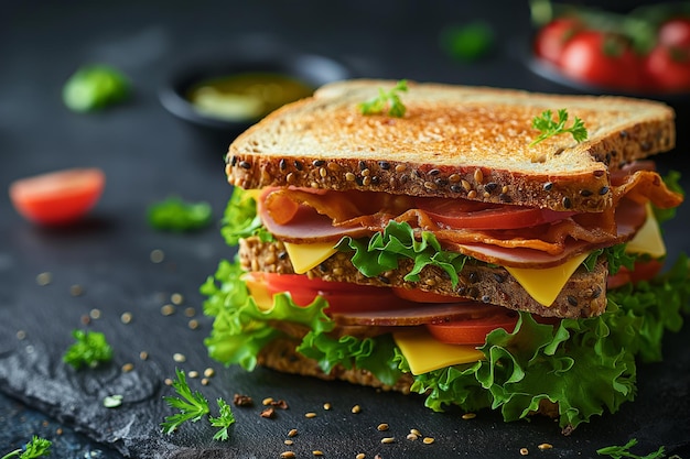 Photo ham cheese tomatoes lettuce and toasted bread sandwich against a dark background