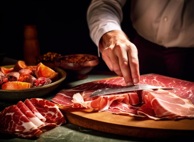 Ham cutter man cutting a piece of ham