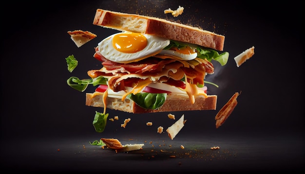 Ham and eggs sandwich floating isolated on black background ai generated