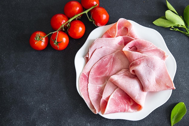 ham meat pork slice fresh meal food snack on the table copy space food background rustic