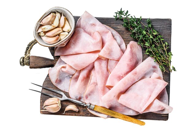 Photo ham thin sliced on wooden cutting board with herbs isolated on white background top view