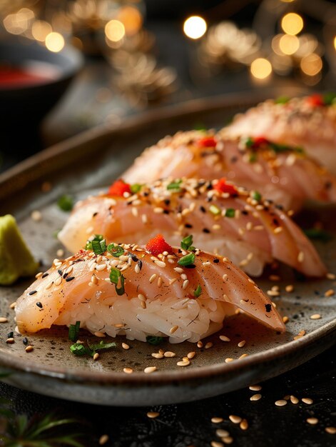 Photo hamachi yellowtail nigiri on rice gourmet japanese dish