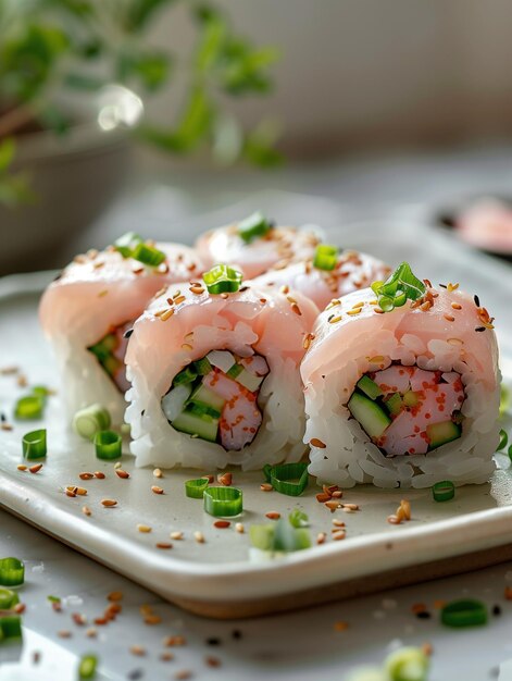 Photo hamachi yellowtail roll with scallions gourmet sushi on a light background