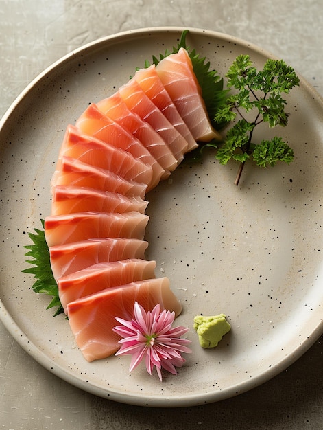 Hamachi yellowtail sashimi served on a light beige ceramic plate exquisite Japanese delicacy