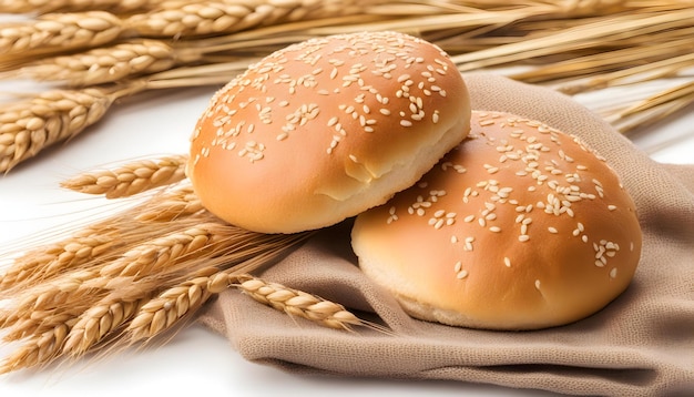 hamburger bun or roll and wheat ears bunch isolated on white background