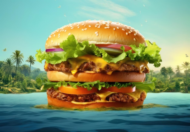 Hamburger or Burger with Cheese and Vegetables as Island in an Ocean Water extreme closeup Generative AI