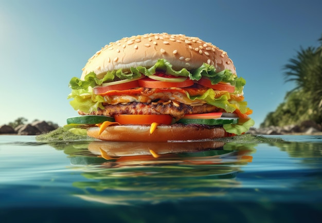 Hamburger or Burger with Cheese and Vegetables as Island in an Ocean Water extreme closeup Generative AI