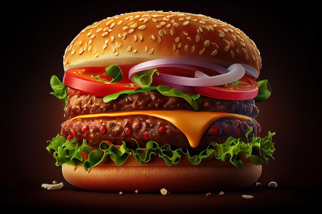 Hamburger or burger with cheese and vegetables isolated on white background Generative Ai