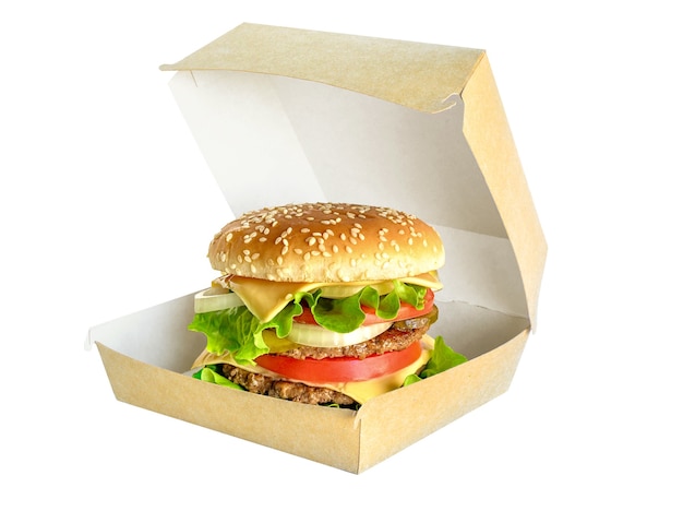 Hamburger in cardboard box isolated on white background. Double big tasty burger in package