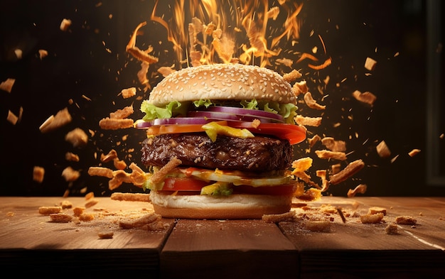 Hamburger or Cheeseburger Explosion on Wooden Table Food Photography