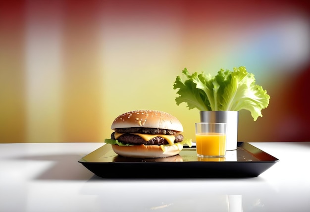 Photo a hamburger and a cup of orange juice are on a table