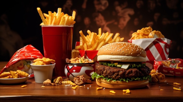 a hamburger and a cup of soda are on a table