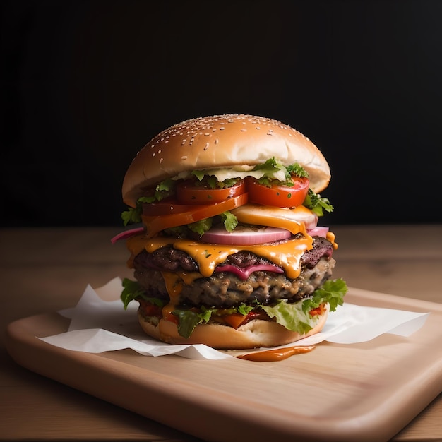 Hamburger on a cutting board on the table