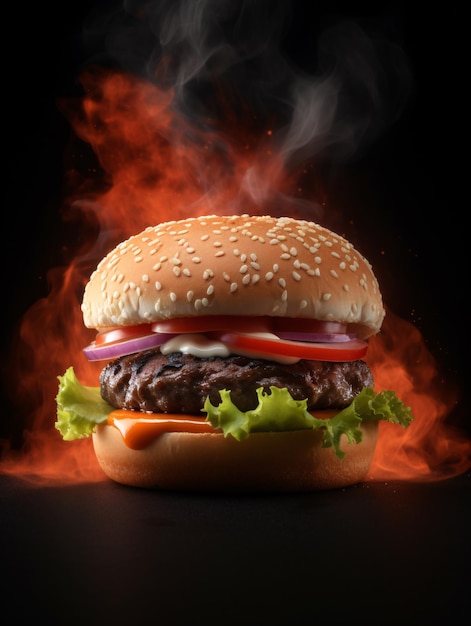 Hamburger on dark background with flaming fire