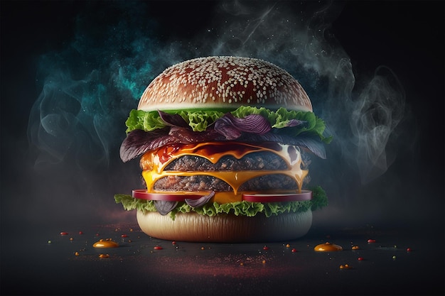 Hamburger on a dark background with smoke Cinematic view Commercial food Commercial burger