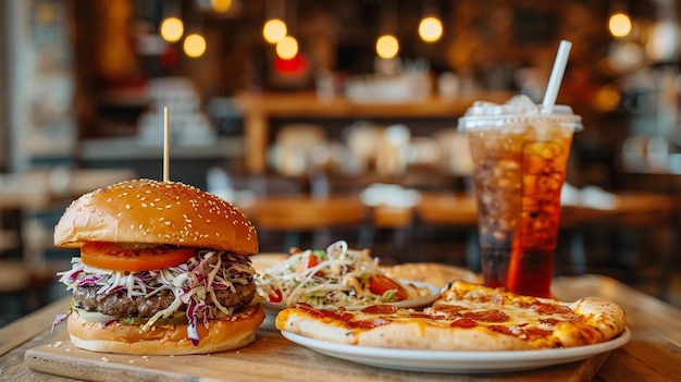 a hamburger and a drink on a table with a drink in the background