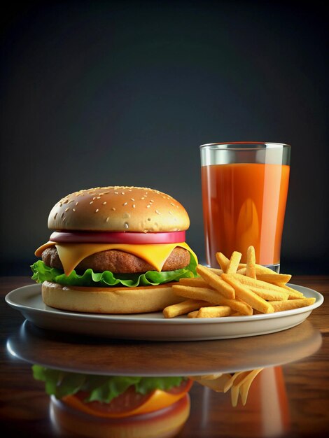 A Hamburger and French fries on a plate with a glass of juice