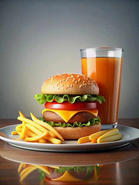 A Hamburger and French fries on a plate with a glass of juice