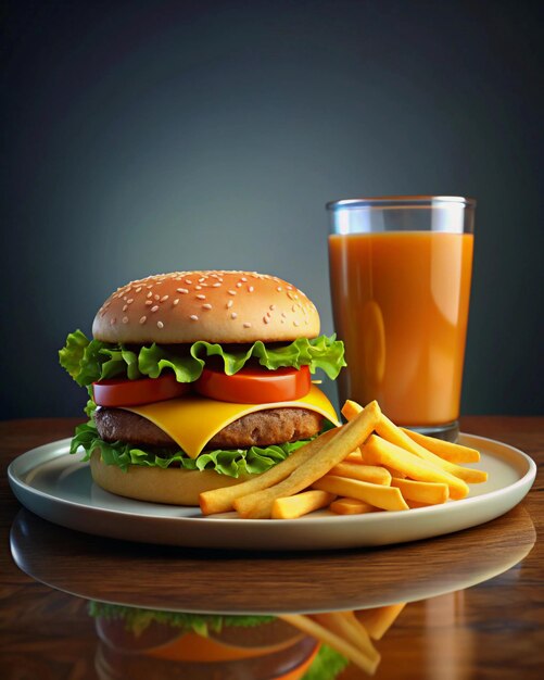 A Hamburger and French fries on a plate with a glass of juice