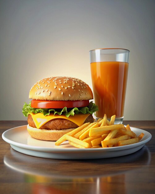 A Hamburger and French fries on a plate with a glass of juice