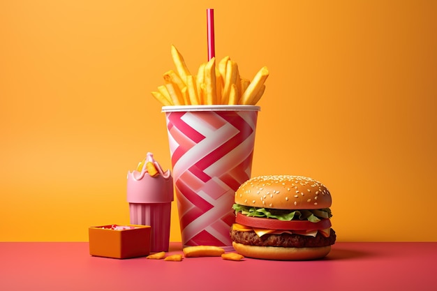 a hamburger and fries are next to a cup of soda